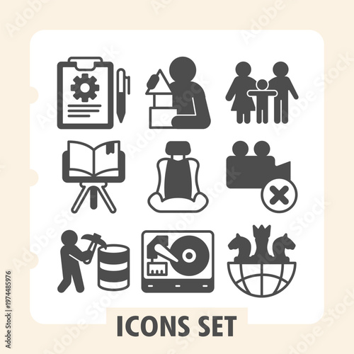 Set of nine modern glyph icons representing planning, education, education, chess, data and storage concepts. Ideal for web design, presentations and print on white background.