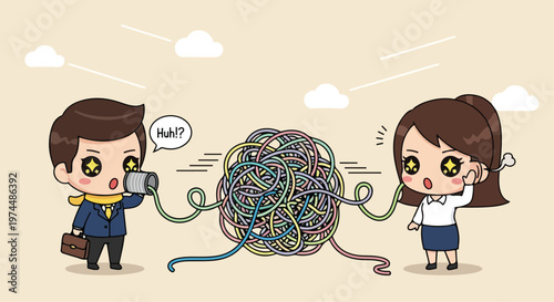 Two cartoon business people struggling to communicate through a tangled mess of colorful threads representing confusion