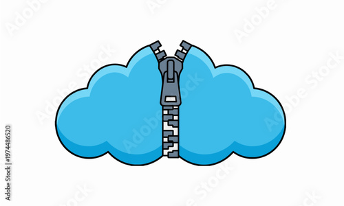 Flat Vector Illustration of a Blue Cloud with a Zipper Opening in the Middle Symbolizing Cloud Data Access and Information Unlocking