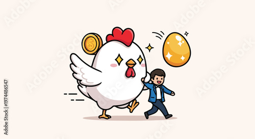 Man chasing a giant chicken laying a golden egg with coins, symbolizing wealth and investment opportunities