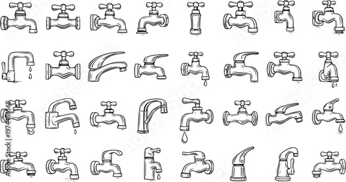Hand-Drawn Faucet Collection: Variety of Sketchy Water Taps Isolated on White