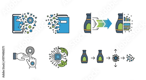 Icons representing data processing, digital transformation, and information management for business and technology