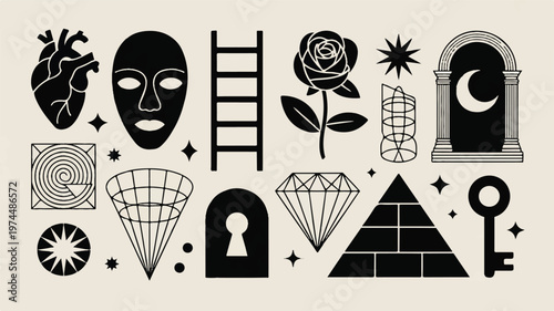 A black and white artistic collection of various symbolic objects and shapes arranged in a mystical setting with a heart, mask, ladder, rose, star, tomb, key, and pyramid.