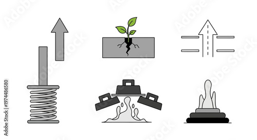 Conceptual vector icons illustrating themes of growth, resilience, breakthrough, and overcoming challenges, symbolizing progress, strength, and potential for development