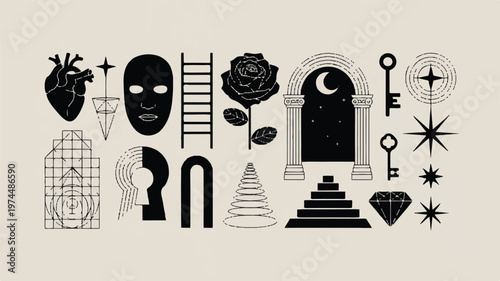 A black and white decorative emblem featuring various mystical symbols and objects on a plain surface