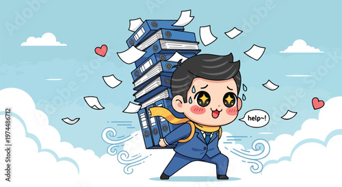 Overwhelmed businessman struggling to carry a huge stack of documents and files in a cartoon style