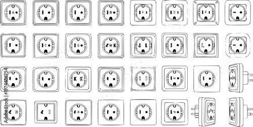 Hand-drawn sketches of various international electrical power outlets and sockets, illustrating different types from around the world.