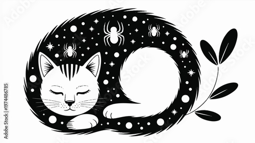 A serene cat sleeps curled up under a starry night sky with decorative heart symbol and leaves