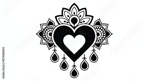 A decorative black heart symbol surrounded by a mandala design with teardrop shapes hanging from it