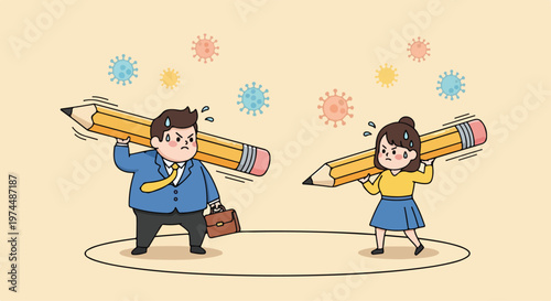 Business people struggling to carry large pencils representing workload and challenges in a conceptual illustration