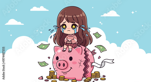 Sad crying girl sitting on a broken piggy bank with money scattered around, symbolizing financial loss