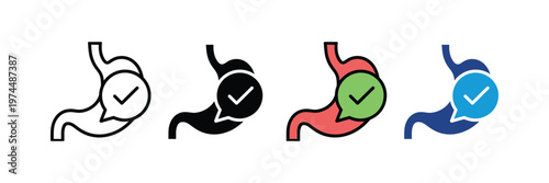 Human stomach anatomy with check mark icon vector. Healthy digestive system, gastric wellness, digestion care, and medical healthcare symbol. Vector Illustration.