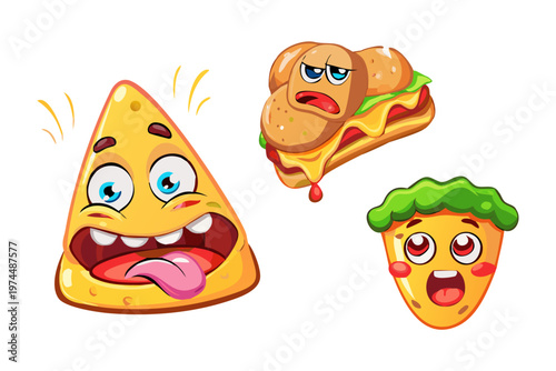 Cartoon Funny Food Emoji Reaction Face Expression Pizza Burger Vector Illustration Isolated Set
