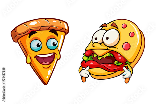Cartoon Funny Food Emoji Reaction Face Expression Pizza Burger Vector Illustration Isolated Set
