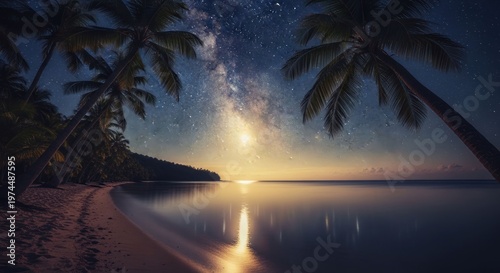 Beach at dusk with palm trees, serene sea, and a starry night sky