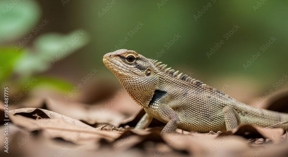 Obraz premium Close-up of a lizard on a bed of dry leaves in nature.