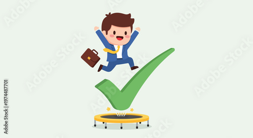Excited businessman in suit jumping high on trampoline with briefcase and large green checkmark symbol