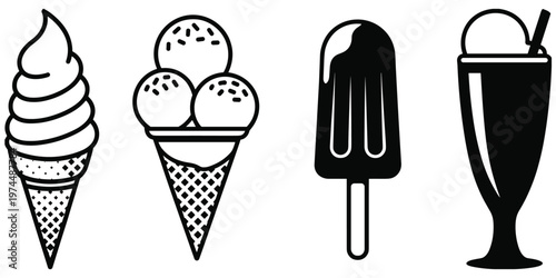 Ice cream cone, triple scoop, popsicle, milkshake silhouettes, frozen dessert artwork design concept, sweet food summer treat flat vector illustration