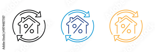 Home with percentage symbol and circular arrows icon vector. Mortgage refinancing, real estate interest rate update, property investment, and home loan synchronization symbol. Vector Illustration.