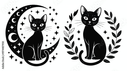 Two black cats sitting on a crescent moon and surrounded by stars and leaves