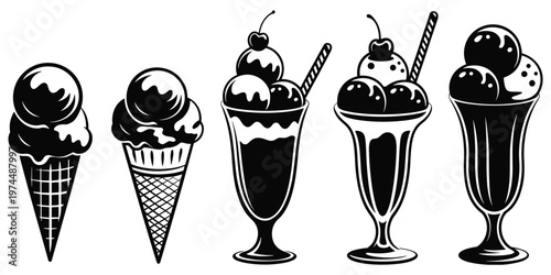 Ice cream cones and sundaes silhouettes, waffle cones, milkshakes with cherries, dessert treat artwork design concept, sweet food flat vector illustration