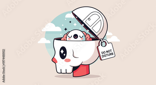 Cute cartoon koala sleeping peacefully inside an open skull with a do not disturb sign
