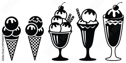 Ice cream cones and sundaes silhouettes, multiple scoops, syrup toppings, cherries, wafer sticks dessert artwork design concept, sweet food flat vector illustration