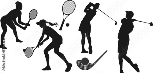 Tennis and Golf Player Silhouette Set with Sport Equipment and Athletes Vector Collection