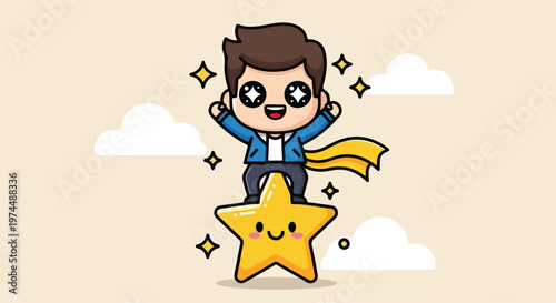 Cute cartoon boy with shining eyes riding a happy star with a yellow cape against a soft sky background