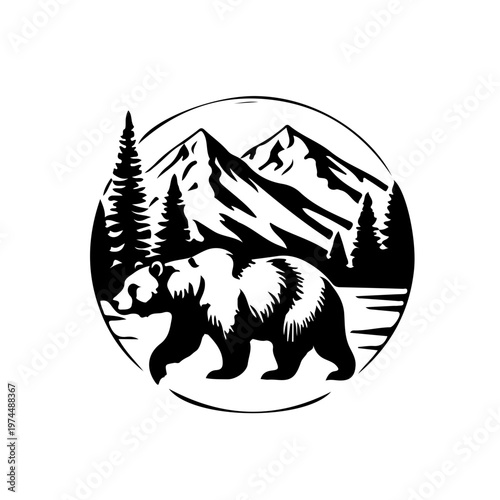 vector illustration of a black and white bear on the mountain 
