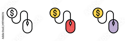 Computer mouse connected to dollar coin icon vector. Pay per click, digital marketing, ecommerce transaction, online earning, and financial technology symbol. Vector Illustration.