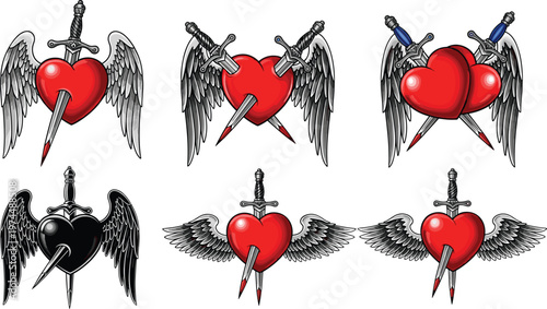 Sacred Heart Tattoo Illustration Set with Wings and Swords, Gothic and Religious Symbol Vector Collection for Love, Faith, Vintage and Tattoo Design Projects