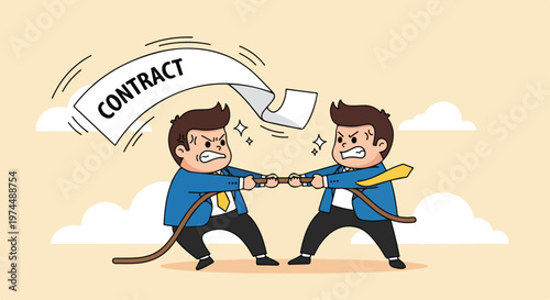Two businessmen in a tug-of-war over a torn contract document symbolizing dispute and disagreement
