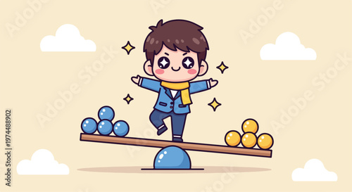 Cute cartoon boy balancing on a seesaw with blue and yellow balls, representing balance and childhood fun