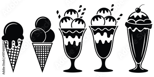 Ice cream cones, sundaes, cherry toppings, syrup drizzle, wafer sticks dessert silhouettes, sweet food artwork design concept, flat vector illustration