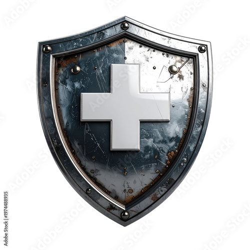 A weathered, metallic shield prominently displays a white cross emblem against a stark black background, evoking themes of protection, faith, and medieval heraldry.