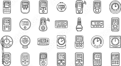Set of diverse line art icons depicting thermostats, timers, and remote controls, including digital, analog, and smart home devices for temperature, time, and system management.