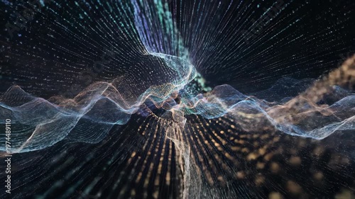 Abstract Digital Waveform Animation - Flowing Particles and Light Rays on a Dark Background.