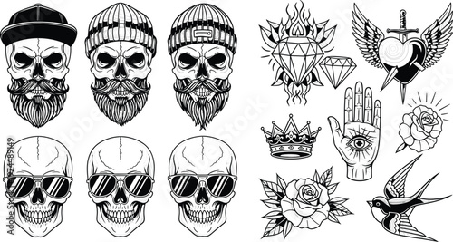 Skull Tattoo Design Set with Bearded Skulls, Crowns, Roses, Sacred Heart and Symbols, Vintage Engraving Style Vector Illustration Collection for Tattoo and Gothic Art