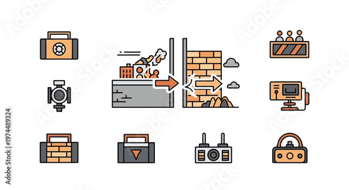 Modern line icons for construction, demolition, building processes, industrial tools, essential equipment, and project management, illustrating dynamic operations