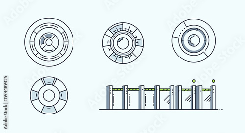 Abstract futuristic circular elements and security gate illustration