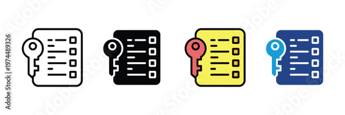 Document with key and checklist, keyword research, SEO strategy, secure data access, and private account settings icon vector. Vector Illustration.