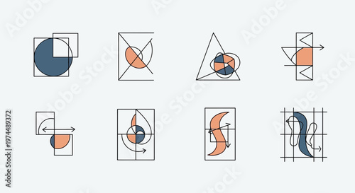 Collection of diverse abstract geometric design icons, illustrating fundamental graphic composition principles and structural elements for visual communication and creative projects