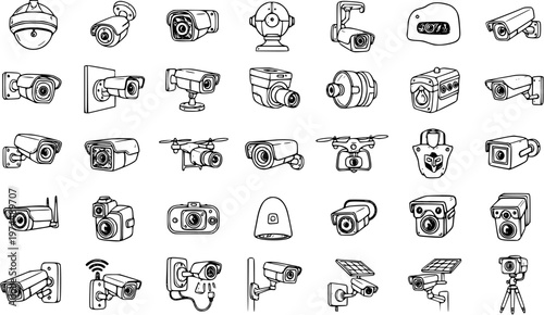Hand-drawn doodle icons set of various security cameras, including CCTV, IP, drone, and outdoor surveillance systems for safety and monitoring.