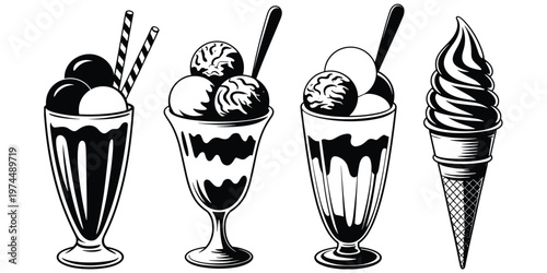 Ice cream sundaes, parfait glasses, waffle cone silhouettes, syrup toppings, cherry dessert artwork design concept, sweet frozen treat flat vector illustration