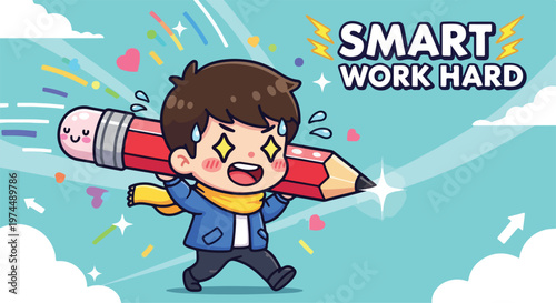 Energetic young student carrying a giant pencil with determination and a motivated expression, symbolizing hard work