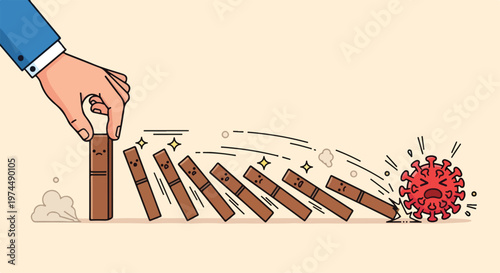Businessman's hand stops domino effect chain reaction from spreading the coronavirus pandemic concept