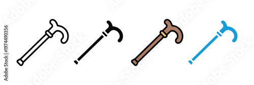 Set of walking cane and stick icons for elderly care and mobility assistance in various styles including outline solid and colored. Vector Illustration.