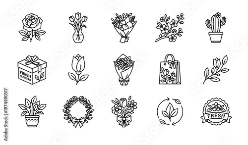 Flower delivery line icon set with rose tulip vase bouquet cactus and floral gift symbols minimal outline vector