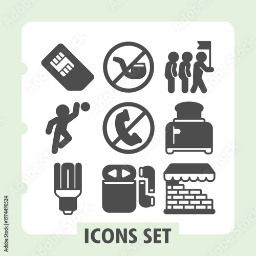 Set of nine vector glyph icons depicting connectivity, sports, prohibition, camping, technology and safety concepts. Ideal for web design, presentations and print on white background.
